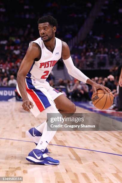 Josh Jackson of the Detroit Pistons plays against the Philadelphia 76ers during a pre season game at Little Caesars Arena on October 15, 2021 in...