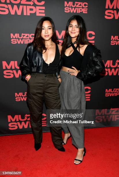 Kim Curz and Kiana V attend the launch party for MuzicSwipe at Avalon Hollywood & Bardot on October 27, 2021 in Los Angeles, California.