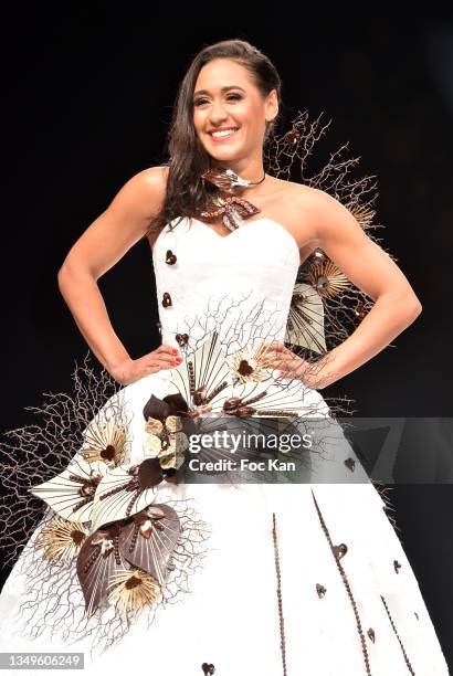 Actress Joséphine Jobert dressed by Chocolate maker Jean-Luc Decluzeau & designer Angel SewingModèle walks the runway during chocolate fair to...