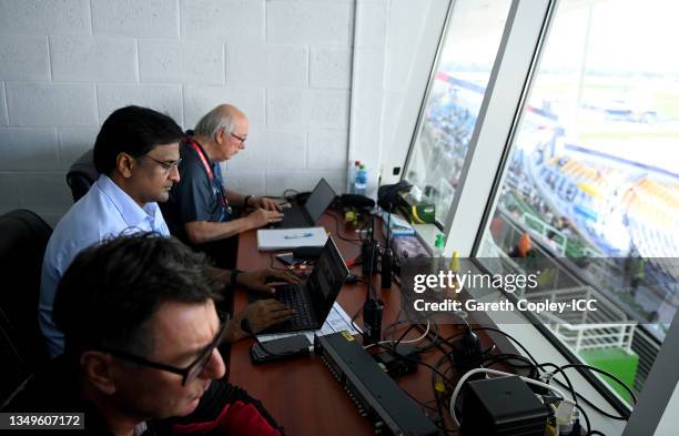 Match referee Javagal Srinath at work during the ICC Men's T20 World Cup match between England and Bangladesh at Sheikh Zayed stadium on October 27,...