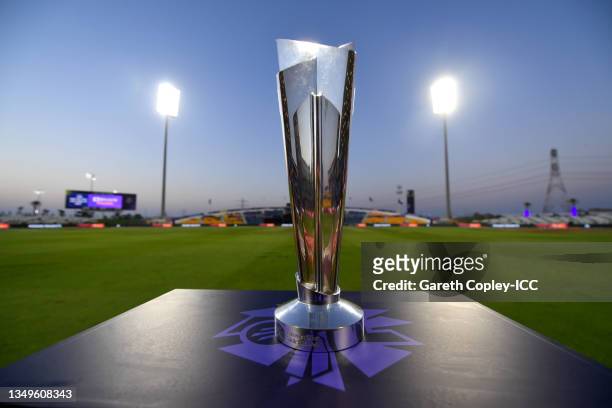 The ICC T20 World Cup trophy ahead of the ICC Men's T20 World Cup match between Scotland and Namibia at Sheikh Zayed stadium on October 27, 2021 in...