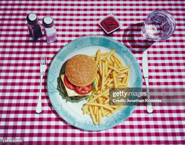 hamburger and french fries - salt and pepper shaker overhead stock pictures, royalty-free photos & images