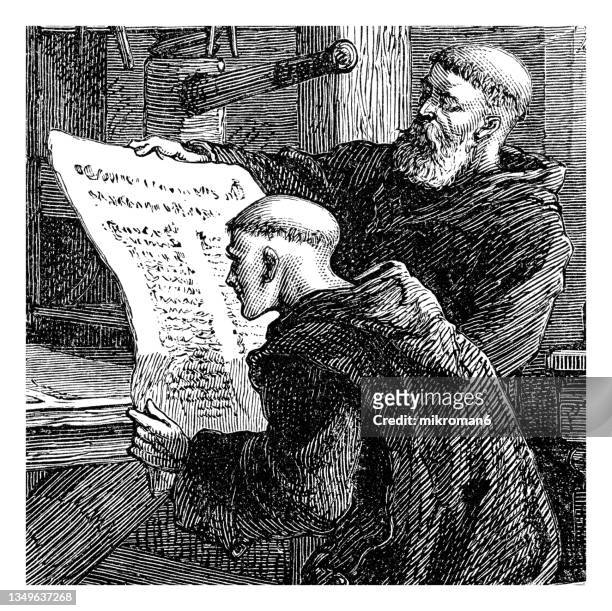 old engraved illustration of monks reading old parchments - archival library stock pictures, royalty-free photos & images