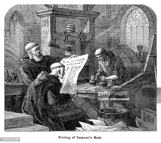 old engraved illustration of monks reading old parchments - monk stock-fotos und bilder