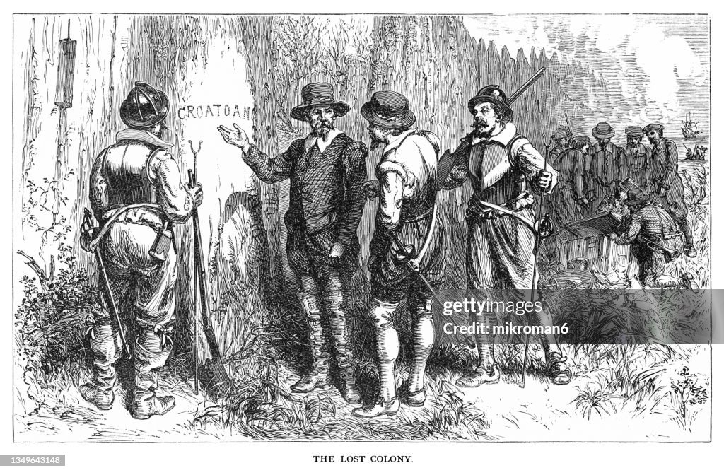 Old engraved illustration of John White finding no trace of the colony of Roanoke Island enroute to Virginia in 1590