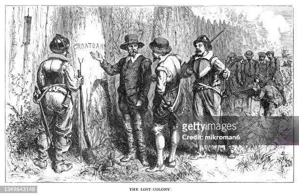 old engraved illustration of john white finding no trace of the colony of roanoke island enroute to virginia in 1590 - massachusetts seal stock pictures, royalty-free photos & images