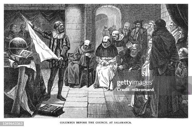 old engraved illustration of columbus before the council at salamanca - real people imagens e fotografias de stock