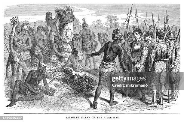 old engraved illustration of jean ribault's pillar on the river may (st. johns river) - jean ribault stock pictures, royalty-free photos & images