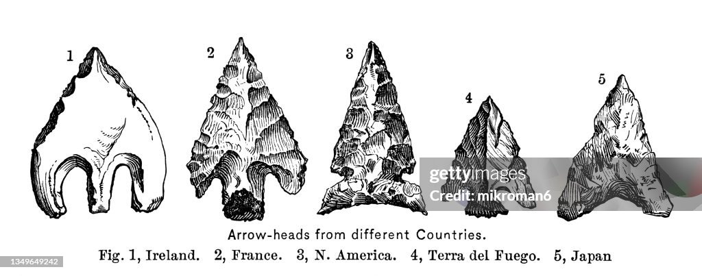 Old engraved illustration of arrowhead from different Countries (Ireland, France, North America, Tierra del Fuego, Japan)