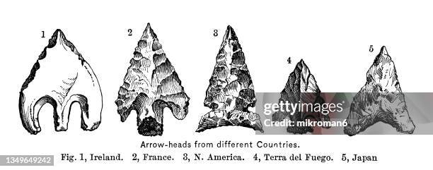 old engraved illustration of arrowhead from different countries (ireland, france, north america, tierra del fuego, japan) - stone age stock pictures, royalty-free photos & images