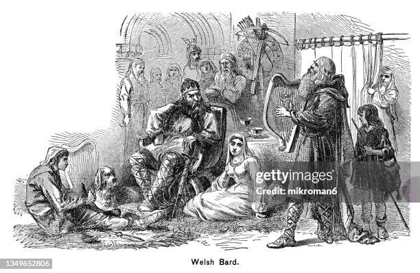 old engraved illustration of welsh bard singing of heroic legends - welsh culture imagens e fotografias de stock