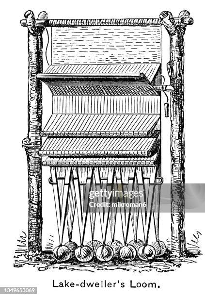 old engraved illustration of lake-dweller's weaving loom - loom 個照片及圖片檔