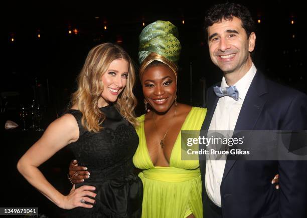 Caissie Levy, Nasia Thomas and John Cariani pose at the opening night after-party for The Roundabout Theater Company's production of ""Caroline, Or...