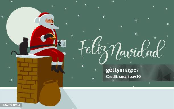 feliz navidad santa claus on rooftop - feliz navidad stock illustrations