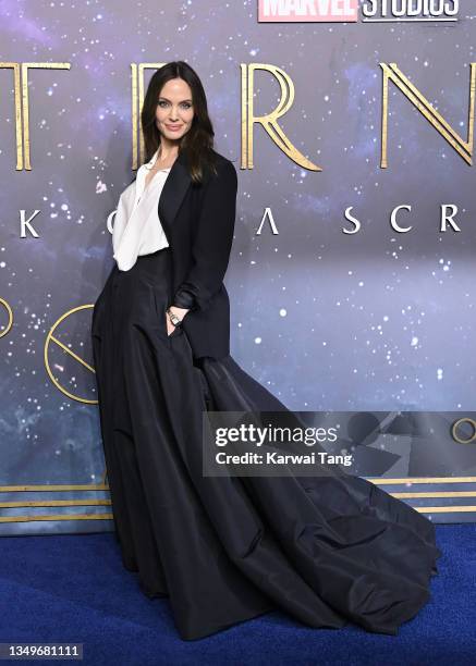 Angelina Jolie attends the "The Eternals" UK Premiere at BFI IMAX Waterloo on October 27, 2021 in London, England.