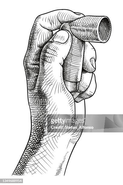 vector drawing of a hand holding an inhaler - inhaler stock illustrations