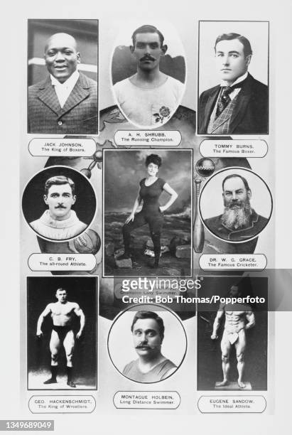 Portraits of various sportspeople (American boxer Jack Johnson , American athlete Alfred Shrubb , Canadian boxer Tommy Burns , British sportsman and...