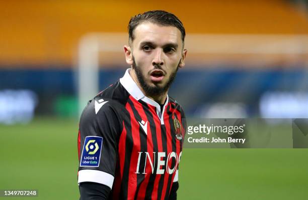 Amine Gouiri of Nice during the Ligue 1 Uber Eats match between OGC Nice and Olympique de Marseille at Stade de l'Aube on October 27, 2021 in Troyes,...