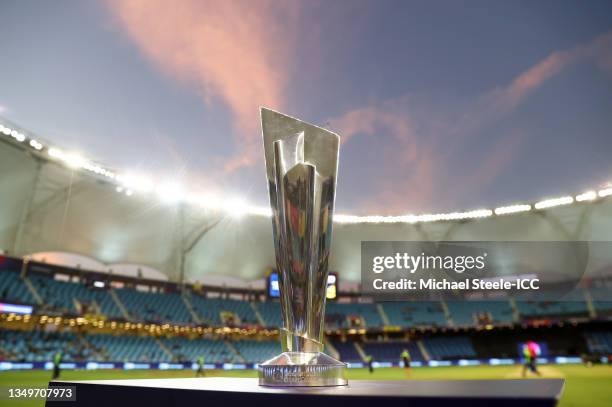 Detailed view of the ICC Men's T20 World Cup trophy ahead of the ICC Men's T20 World Cup match between Australia and Sri Lanka at Dubai International...
