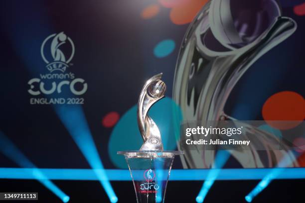 Detailed view of the UEFA Women's Euro trophy is seen during the UEFA Women's EURO 2022 Final Draw Ceremony on October 28, 2021 in Manchester,...