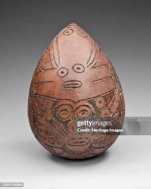 Gourd with Rattle Incised with Costumed Ritual Perfomer, 180 B.C./A.D. 500. Artist Unknown.
