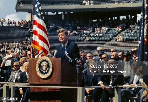 President Kennedy makes his 'We choose to go to the Moon' speech, Rice University, 1962. US President John F. Kennedy gives his 'We choose to go to...