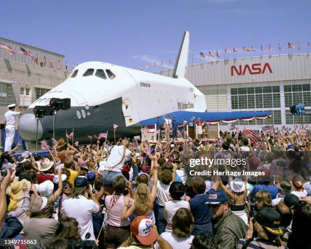 President Reagan at STS-4 landing, California, USA, 1982. US President Ronald Reagan greets the crew of STS-4 at the Dryden Flight Research Center ....