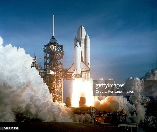 First Space Shuttle Mission launches, Florida, USA, April 12, 1981. Space Shuttle Columbia and STS-1 lift off from NASA's Kennedy Space Center,...
