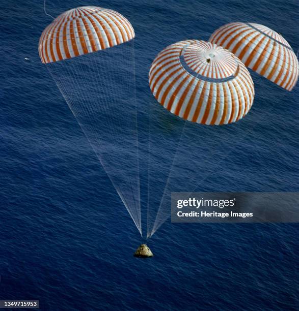 Apollo 17 splashdown, Pacific Ocean, December 19, 1972. The Apollo 17 Command Module "America", with astronauts Eugene A. Cernan, Ronald E. Evans and...