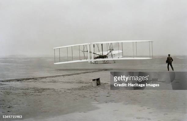 First flight of Wright brothers' aircraft, Kitty Hawk, North Carolina, USA, December 17, 1903. The first powered, heavier-than-air controlled flight...