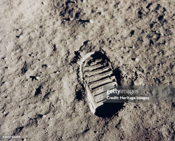 Apollo 11 bootprint on the Moon, July 1969. Footprint made by US astronaut Neil Armstrong, first man to set foot on the Moon, clearly visible in the...