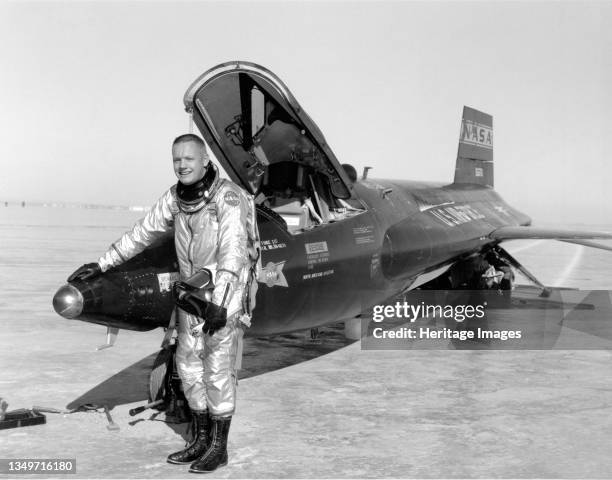 Pilot Neil Armstrong and X-15, 1960. Dryden pilot Neil Armstrong is seen here next to the X-15 ship after a research flight. The X-15 was a...