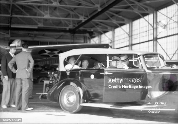 Franklin D. Roosevelt at Langley Research Center, Virginia, USA, July 29, 1940. President Roosevelt in a car inside a hangar at NASA Langley, the...