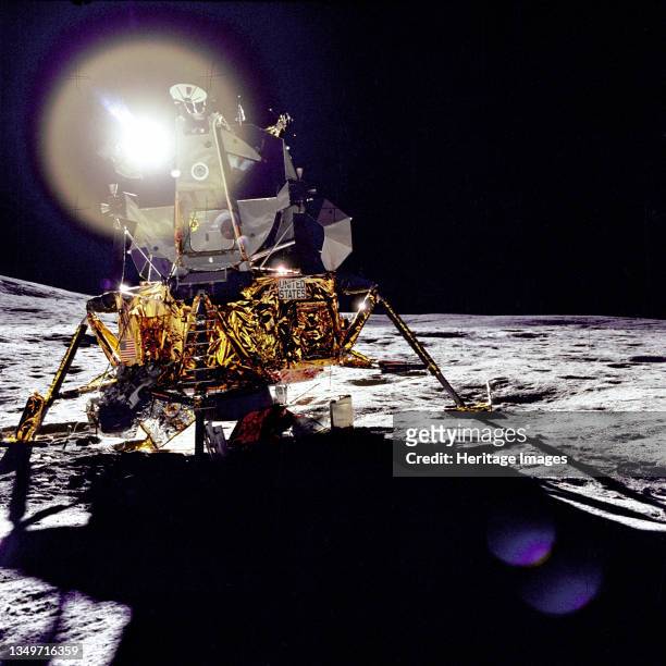 Antares on the Fra Mauro Highlands, lunar surface, 1971. A front view of the Apollo 14 Lunar Module "Antares", which reflects a circular flare caused...