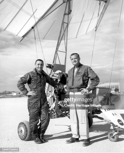 Gus Grissom and Milt Thompson with Paresev, California, USA, 1962. Mercury astronaut Gus Grissom and NASA test pilot Milton Thompson with Paraglider...