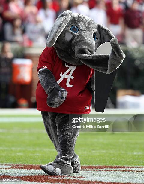 Alabama Crimson Tide mascot Big Al pumps up the crowd before the game between the Alabama Crimson Tide and the Georgia Southern Eagles at...