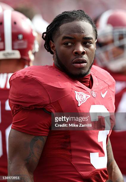 Running back Trent Richardson of the Alabama Crimson Tide takes a break before the game against the Georgia Southern Eagles at Bryant-Denny Stadium...