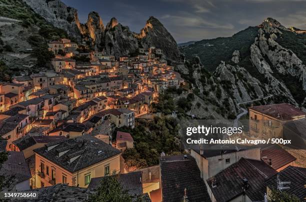 high angle view of townscape against sky,castelmezzano,potenza,italy - potenza stock pictures, royalty-free photos & images