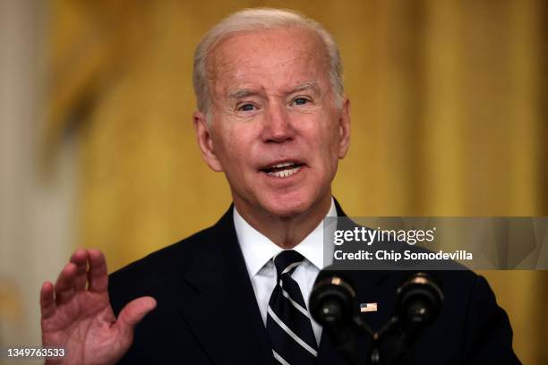 President Joe Biden delivers remarks on his proposed "Build Back Better" social spending bill in the East Room of the White House on October 28, 2021...