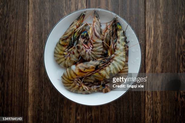black tiger prawns on a plate - raw fish fotografías e imágenes de stock