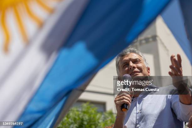 Former President of Argentina Mauricio Macri speaks at Plaza Castelli to supporters before his hearing on illegal espionage allegations on October...