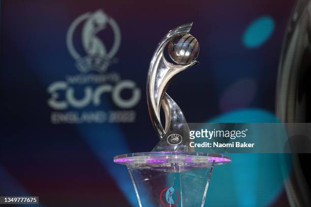 Detailed view of the UEFA Women's Euro trophy is seen during the UEFA Women's EURO 2022 Final Draw Ceremony on October 28, 2021 in Manchester,...