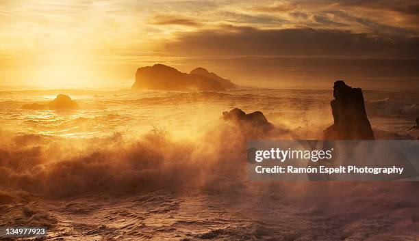 rocks in sea at sunrise - high tide stock pictures, royalty-free photos & images