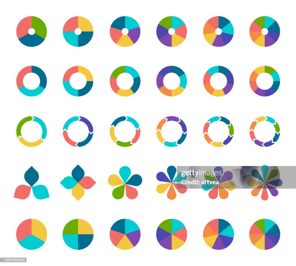 Colorida colección de gráficos circulares con 3,4,5,6 y 7,8 secciones o pasos.