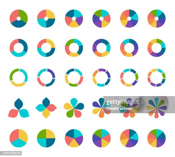 colorful pie chart collection with 3,4,5,6 and 7,8 sections or steps. - four stock illustrations