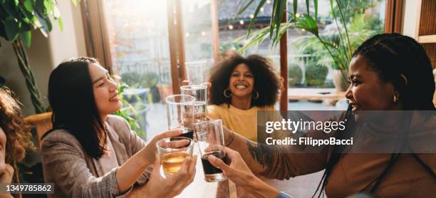 a group of friends is toasting together during a dinner party - cola refrigerante imagens e fotografias de stock