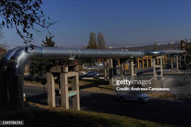 Heating pipes are seen on October 28, 2021 in Chisinau, Moldova. Following Moldova's declared state of alert related to their natural gas supplies on...