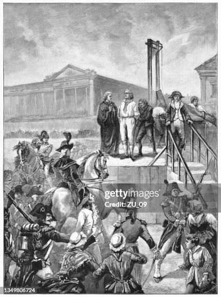 stockillustraties, clipart, cartoons en iconen met execution of louis xvi (french revolution), wood engraving, published 1900 - franse revolutie
