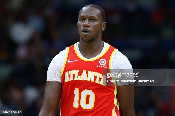 Gorgui Dieng of the Atlanta Hawks reacts against the New Orleans Pelicans during the second half at the Smoothie King Center on October 27, 2021 in...