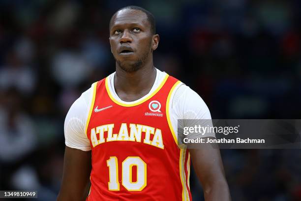 Gorgui Dieng of the Atlanta Hawks reacts against the New Orleans Pelicans during the second half at the Smoothie King Center on October 27, 2021 in...